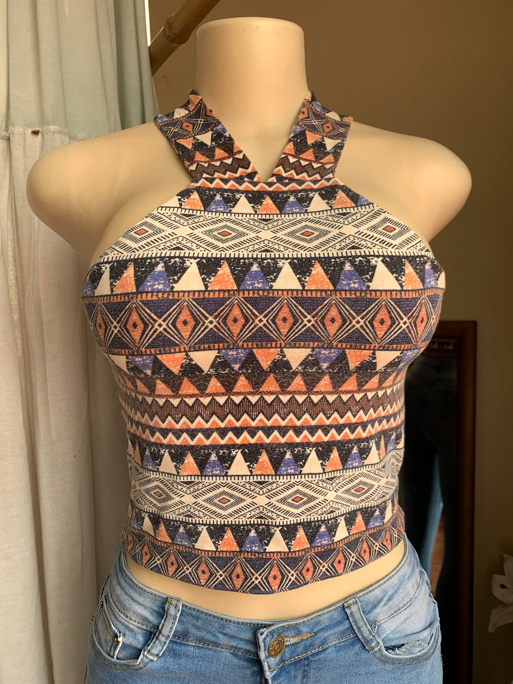 Tribal print high neck v cut crop top … s
