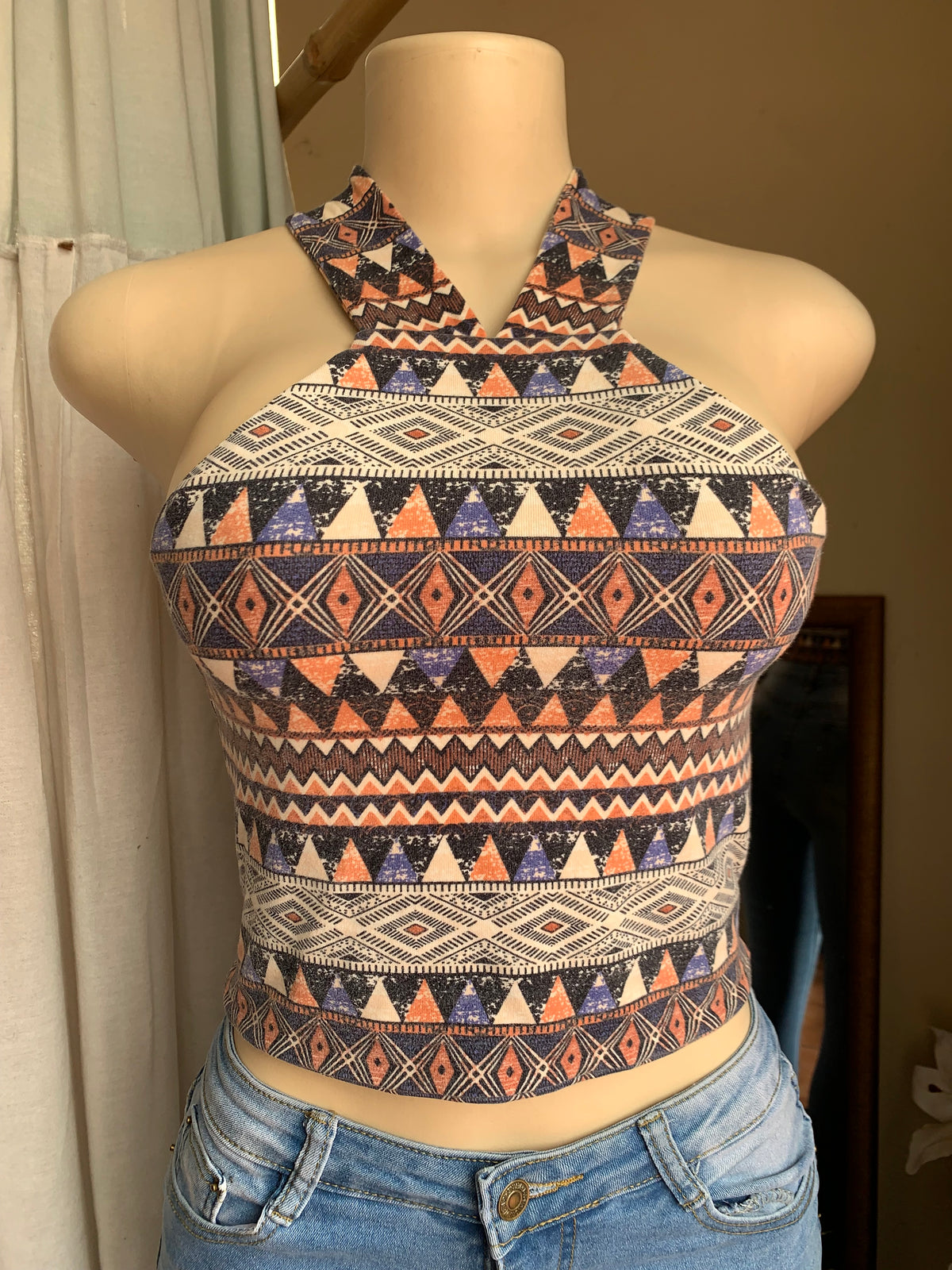 Tribal print high neck v cut crop top … s
