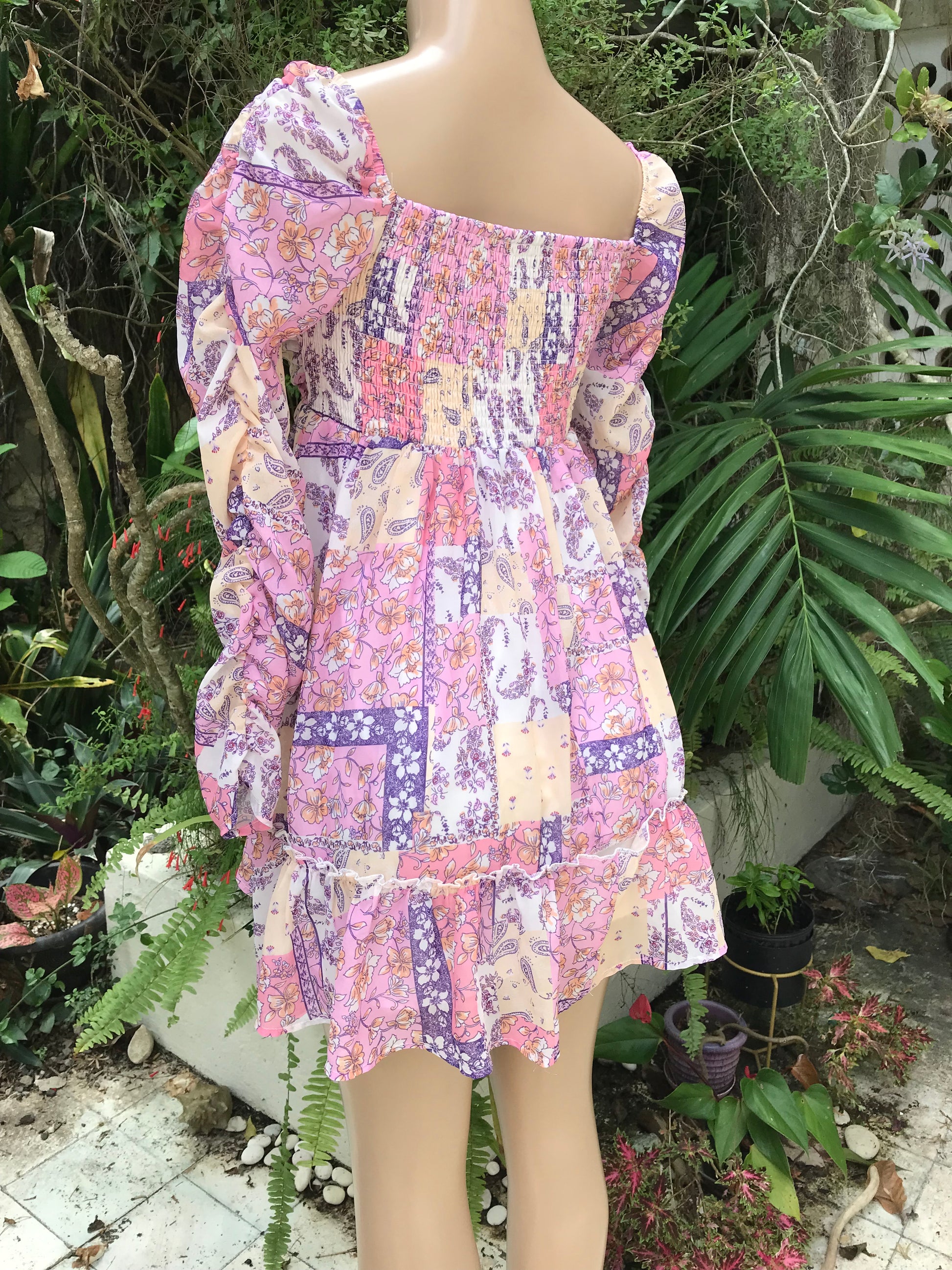 cottage core mix floral print ruche sleeve babydoll sweetheart dress  . s