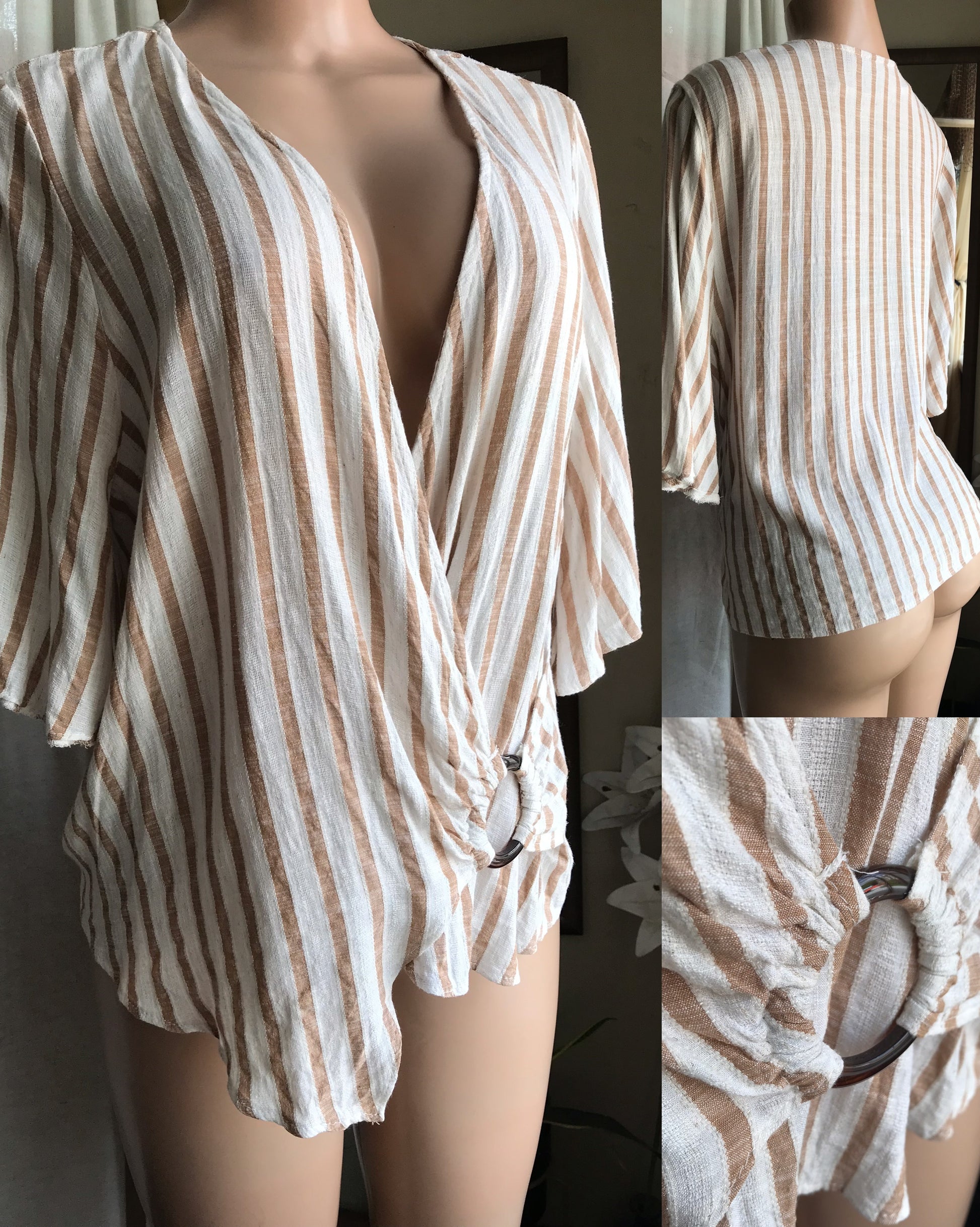 cream stripe wrap blouse linen viscose blend ... plus /xl ,,,