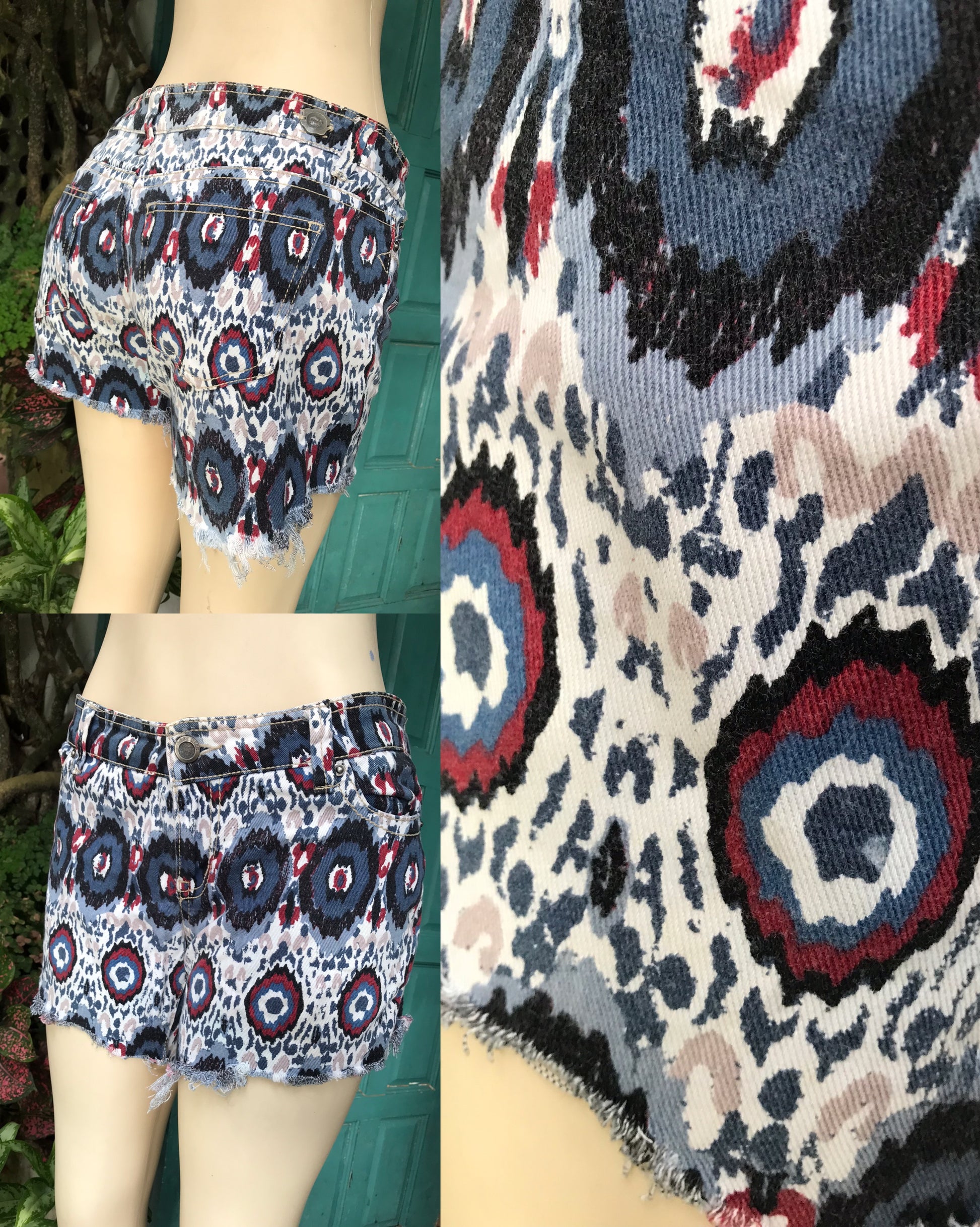 retro navy novelty print denim shorts ^^^ m