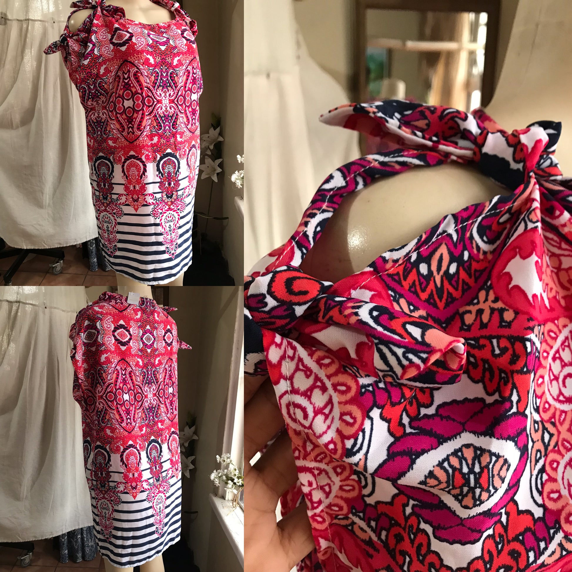 new tag red print dress twice tied sleeve stripe . L