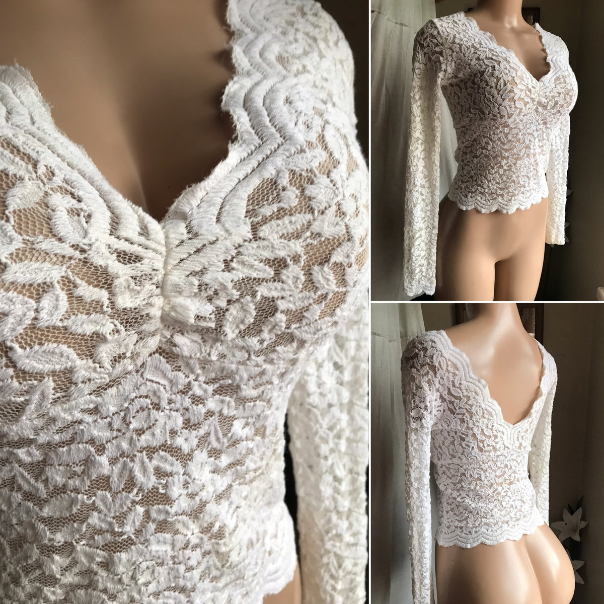 lace v neck bubble cut long sleeve top cottage core ... size s/m