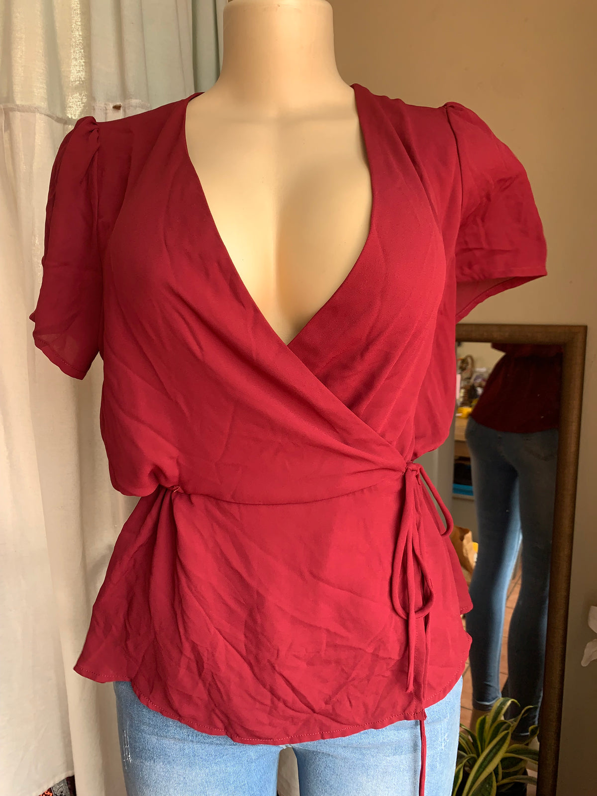 Burgundy red wrap tie blouse … L