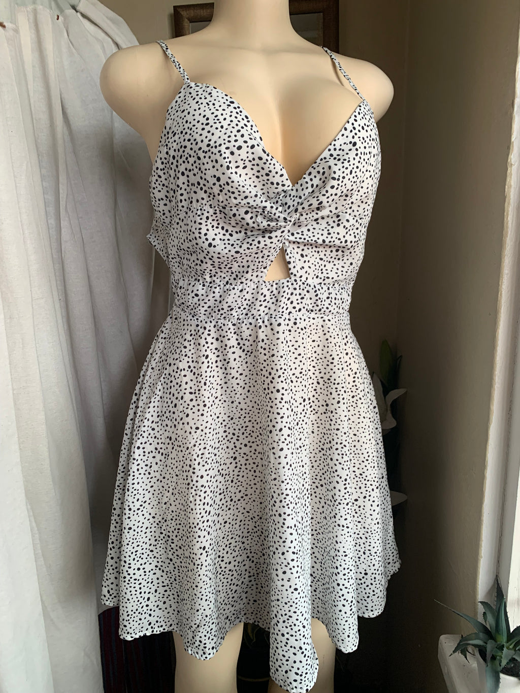 B&W Polka dot Babydoll Sun dress front knot  L