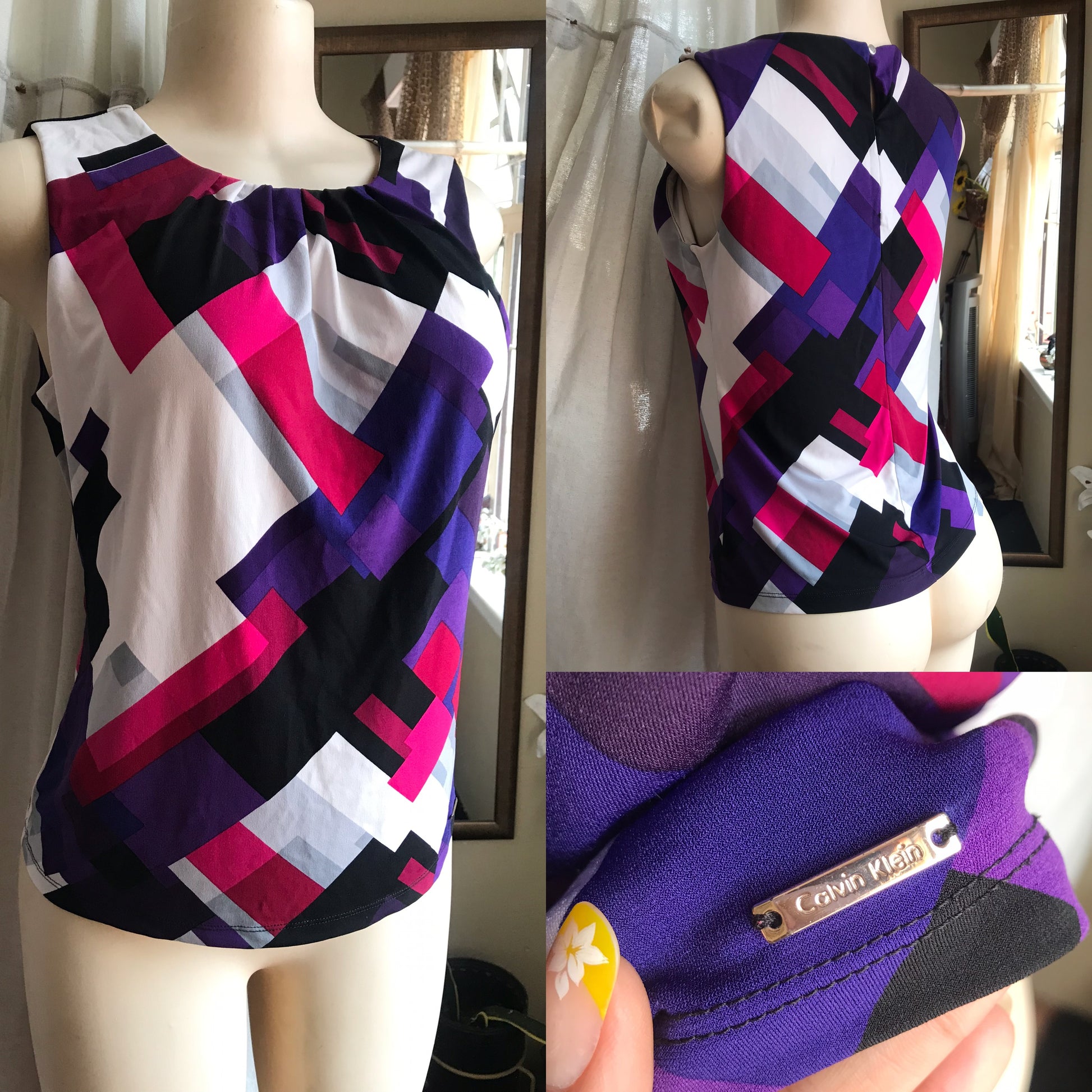 calvin klein print sleeveless professional blouse ... m