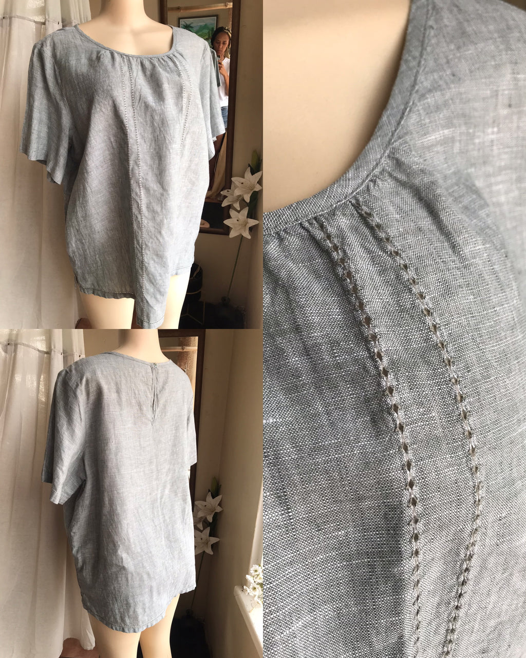 grey Linen blouse eyelet det XL