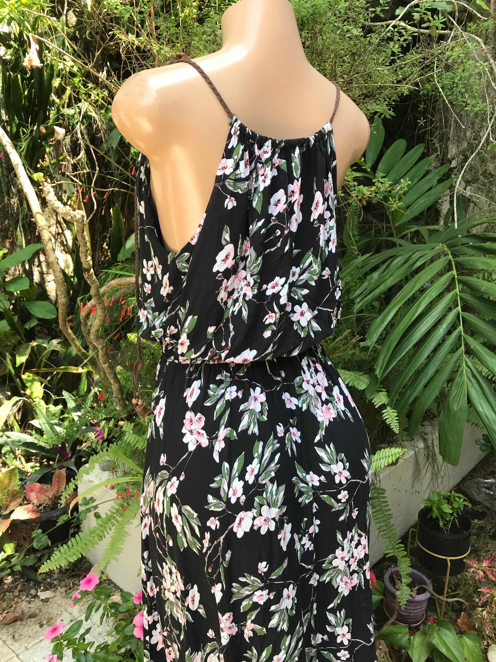 black floral sunday maxi dress with leather straps  . s to m