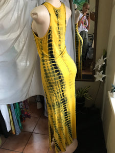 mustard tie dye crochet detail soft maxi dress slit. M