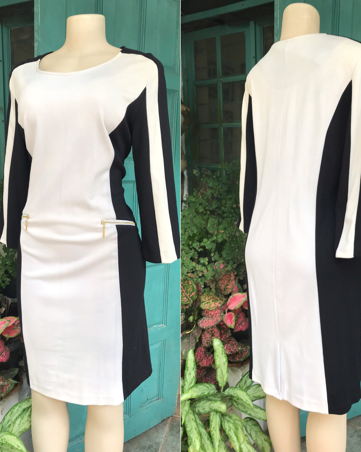cream and black professional mid sleeve dress stretchy /xl