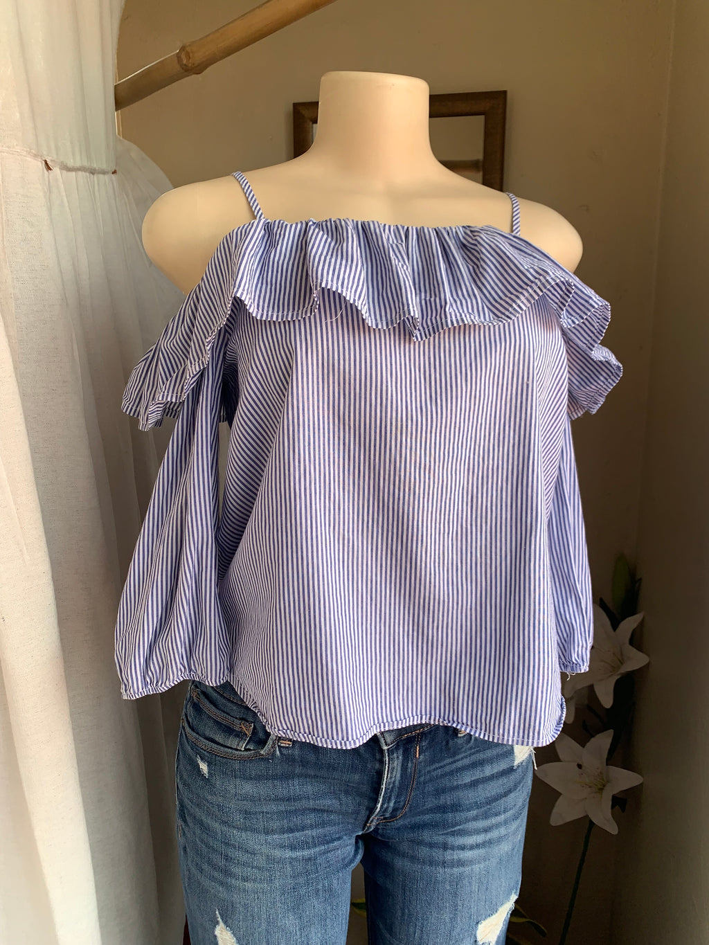 Cotton navy stripe off the shoulder blouse … M ,,,