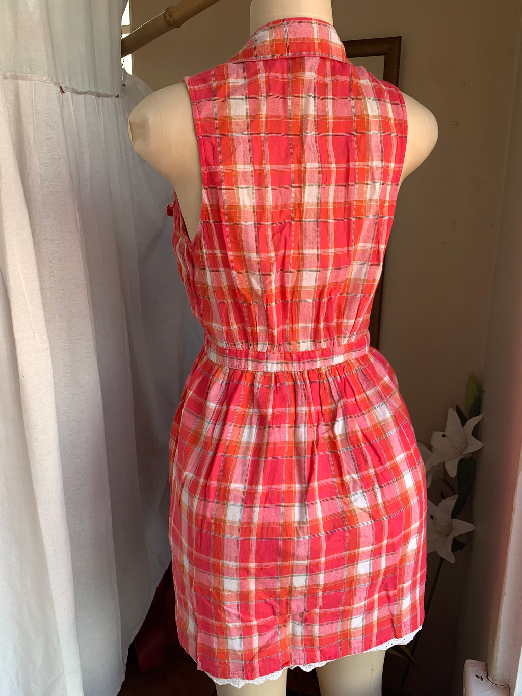 Soft cotton sleeveless button down red plaid dress s ,,,