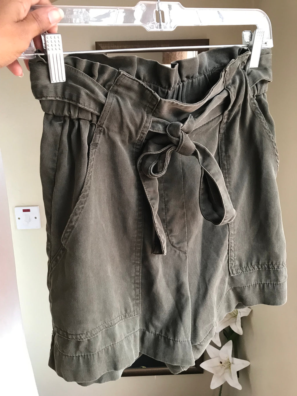 army green corduroy shorts tie ruffle top with pockets s