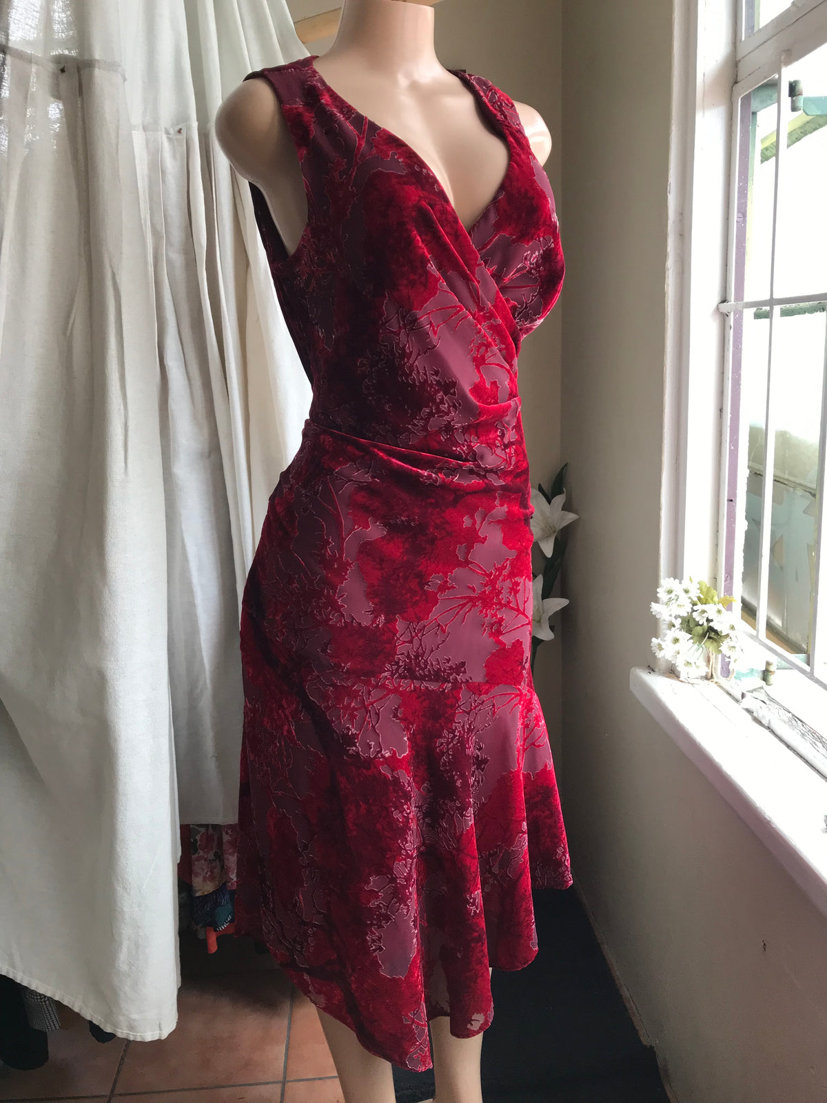 velvet deep red retro dress semi formal . L