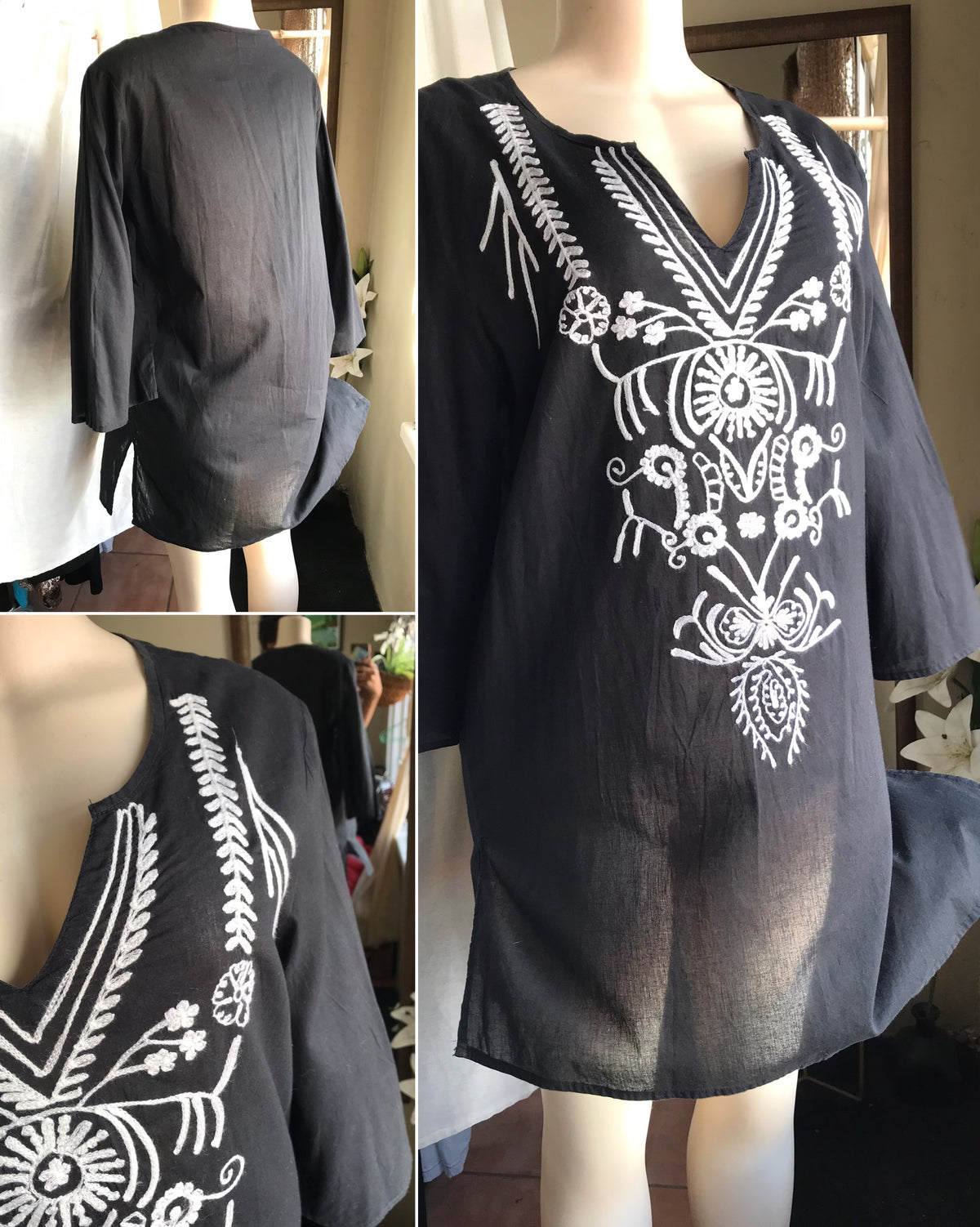 black organic embroidery blouse / cover up dress ,,, L ...