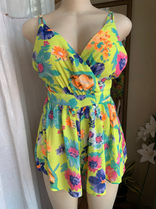 Neon floral print cami strap romper ~~~ M