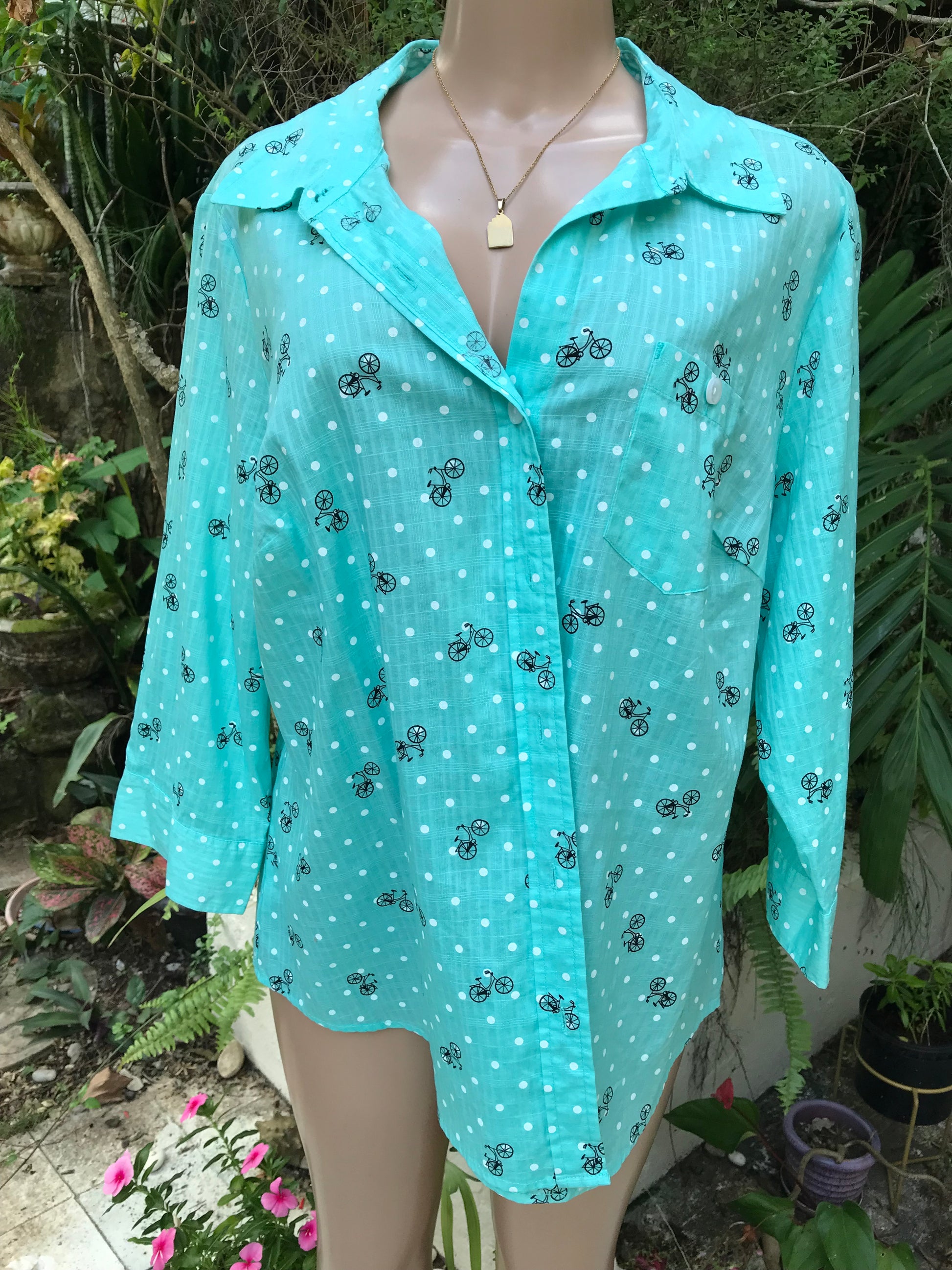 Retro Bicycle Print Teal Button Shirt ^^^ Plus/XL ... 100% Cotton ,,,