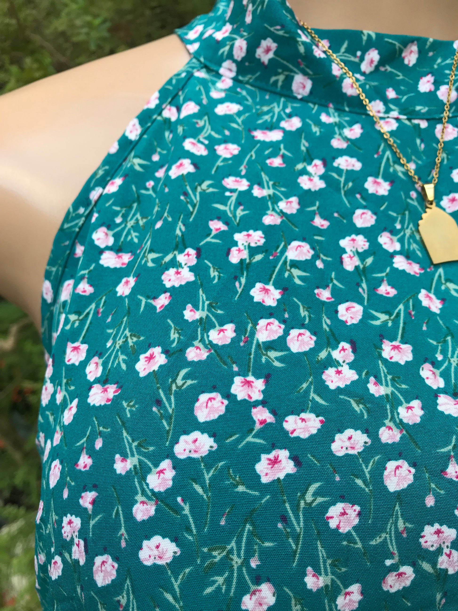 Teal Ditzy Floral Light Halter Dress . Plus/XL