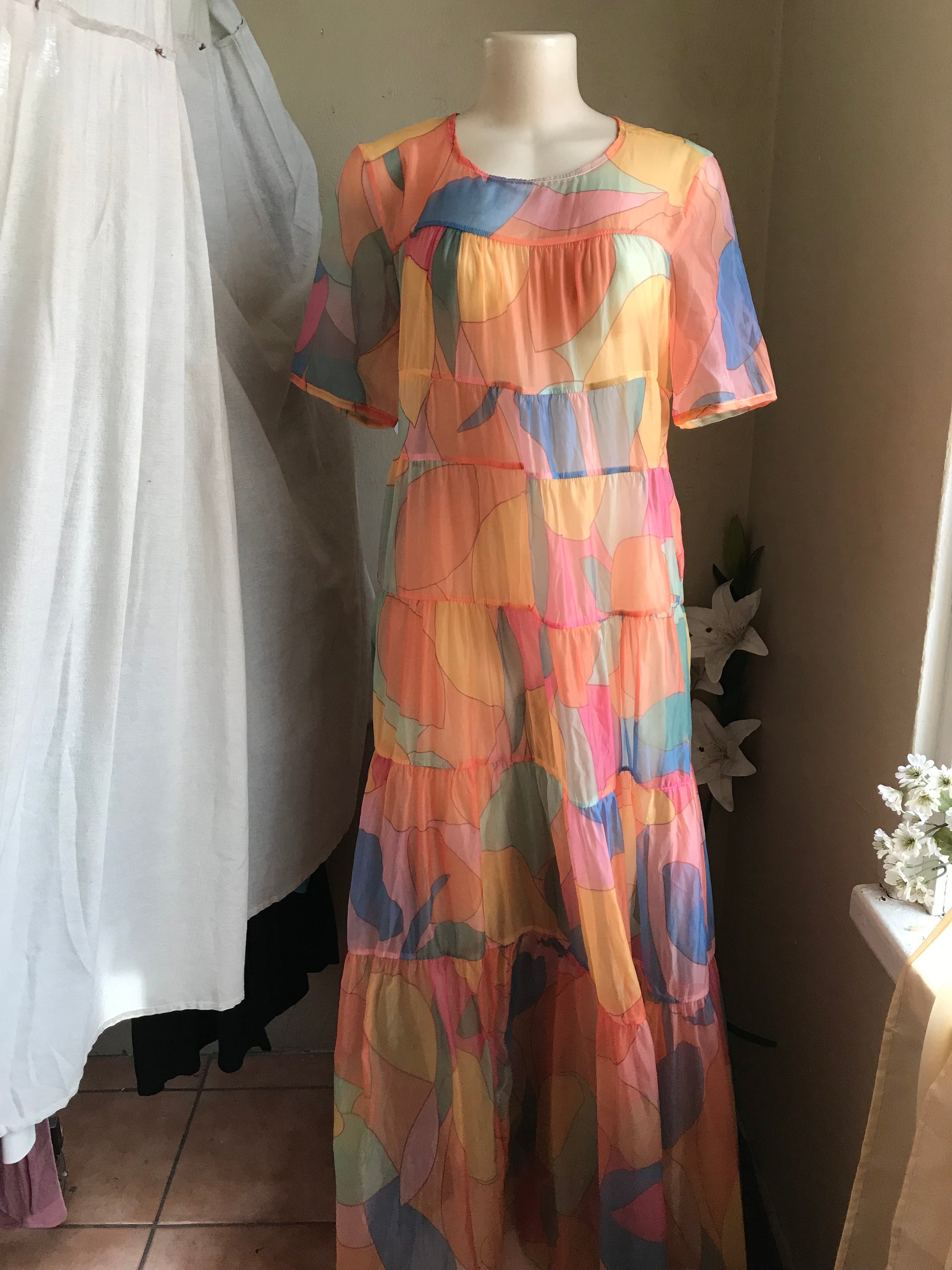 vintage block pastel maxi ruffle dress / cover up ^^^ L /xl