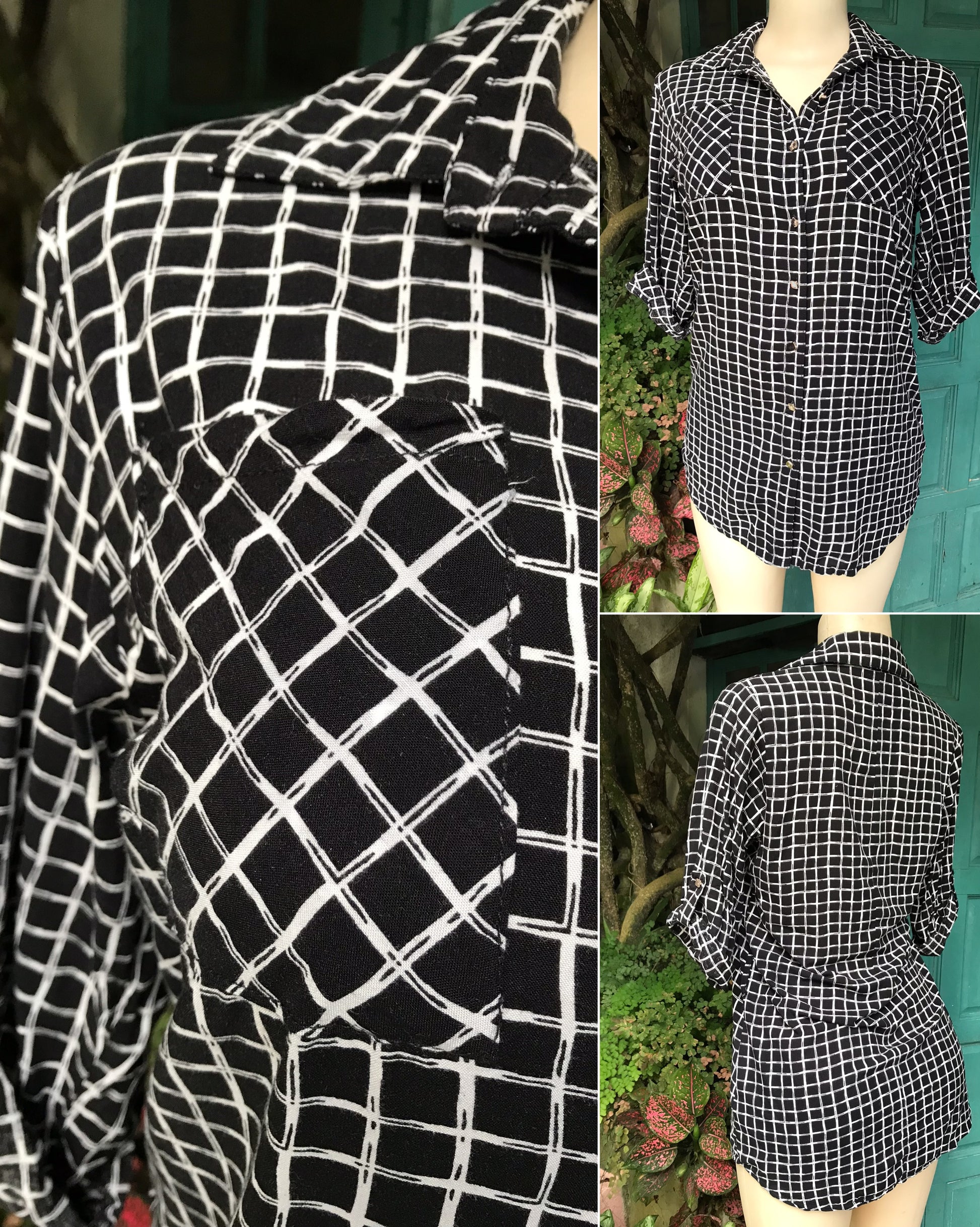 black grid rayon shirtdress short . m