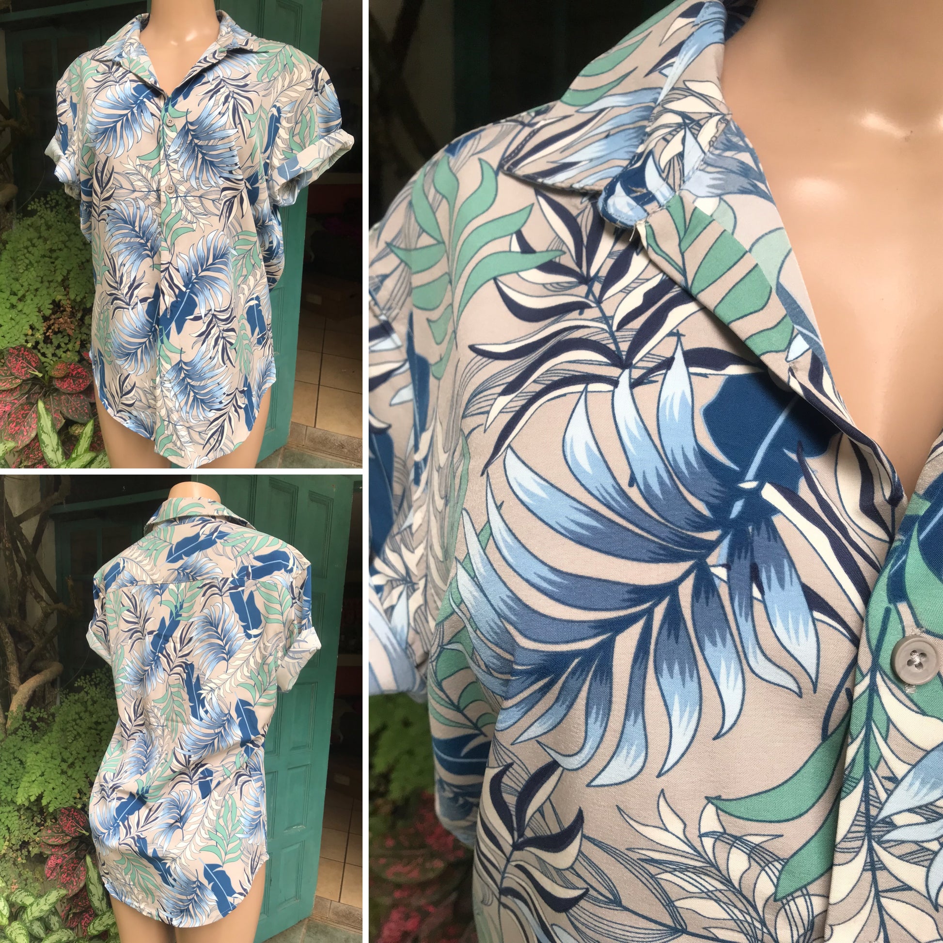 mens tropical leaf print button shirt summer cream navy... M