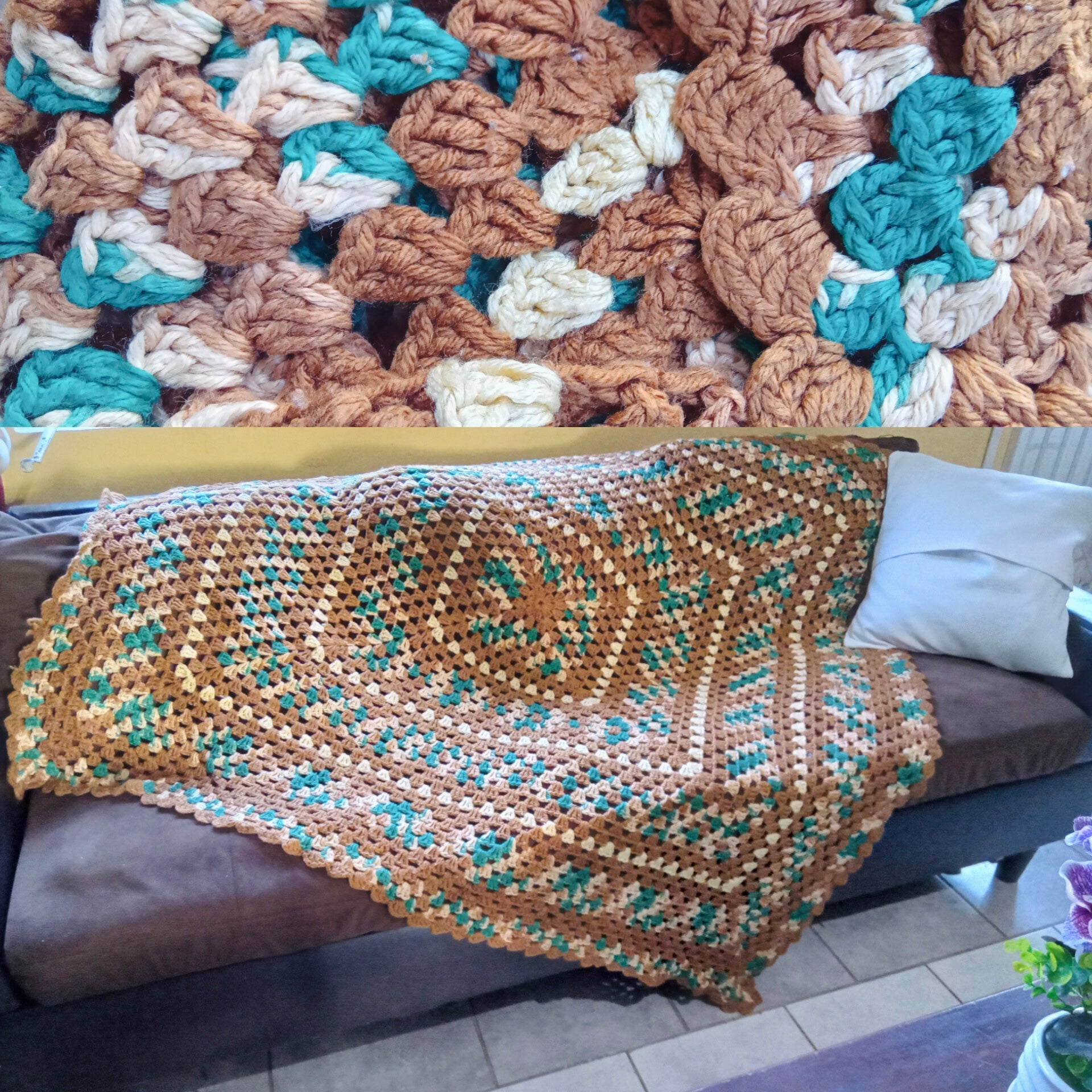 Vintage large size crochet couch cover earth tone +++