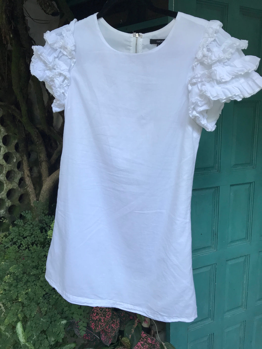 white organic mini tunic dress ruffle sleeve . S ,,,