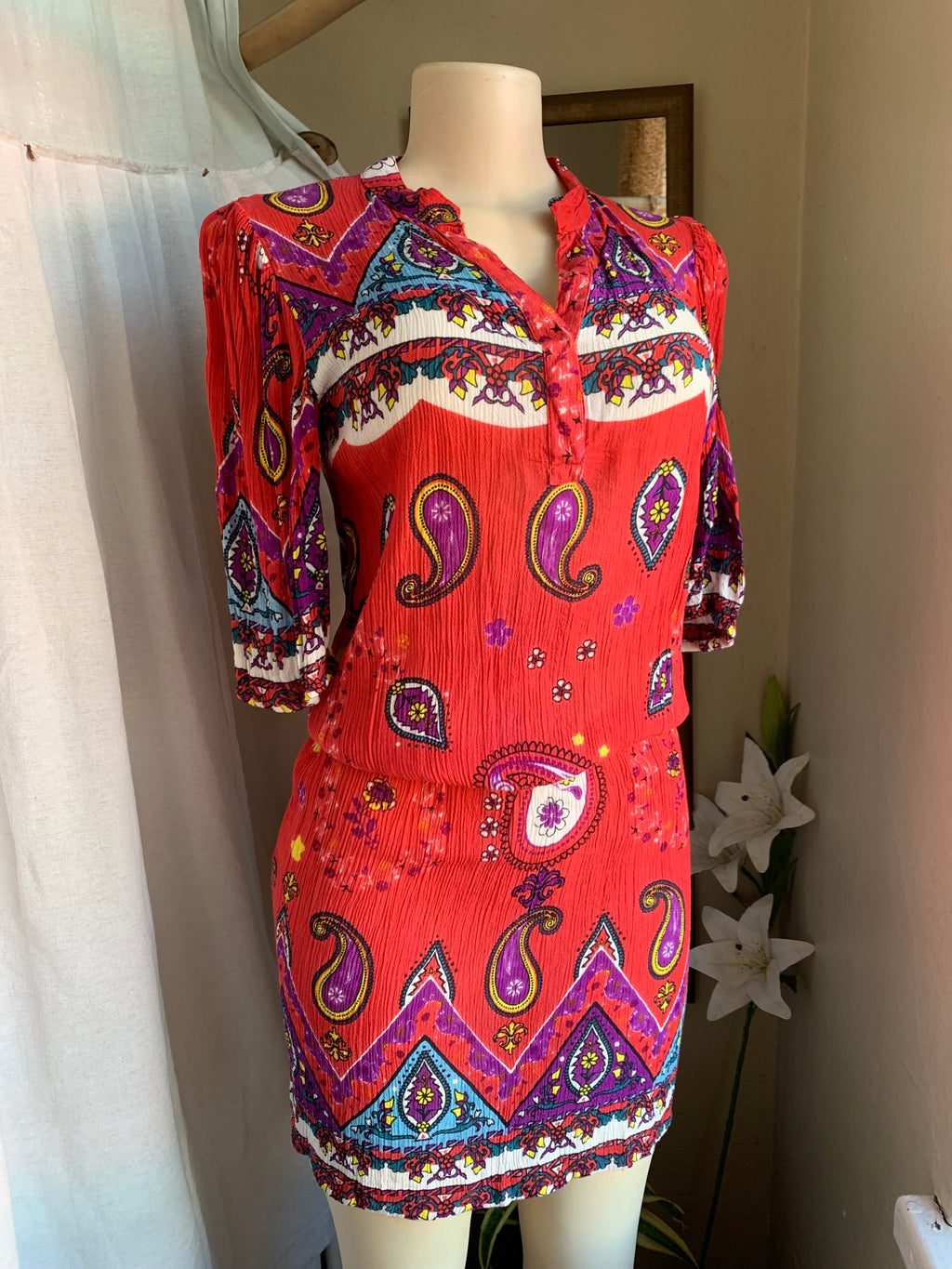 boho red crinkle Pattern shirt dress elastic waistband .M