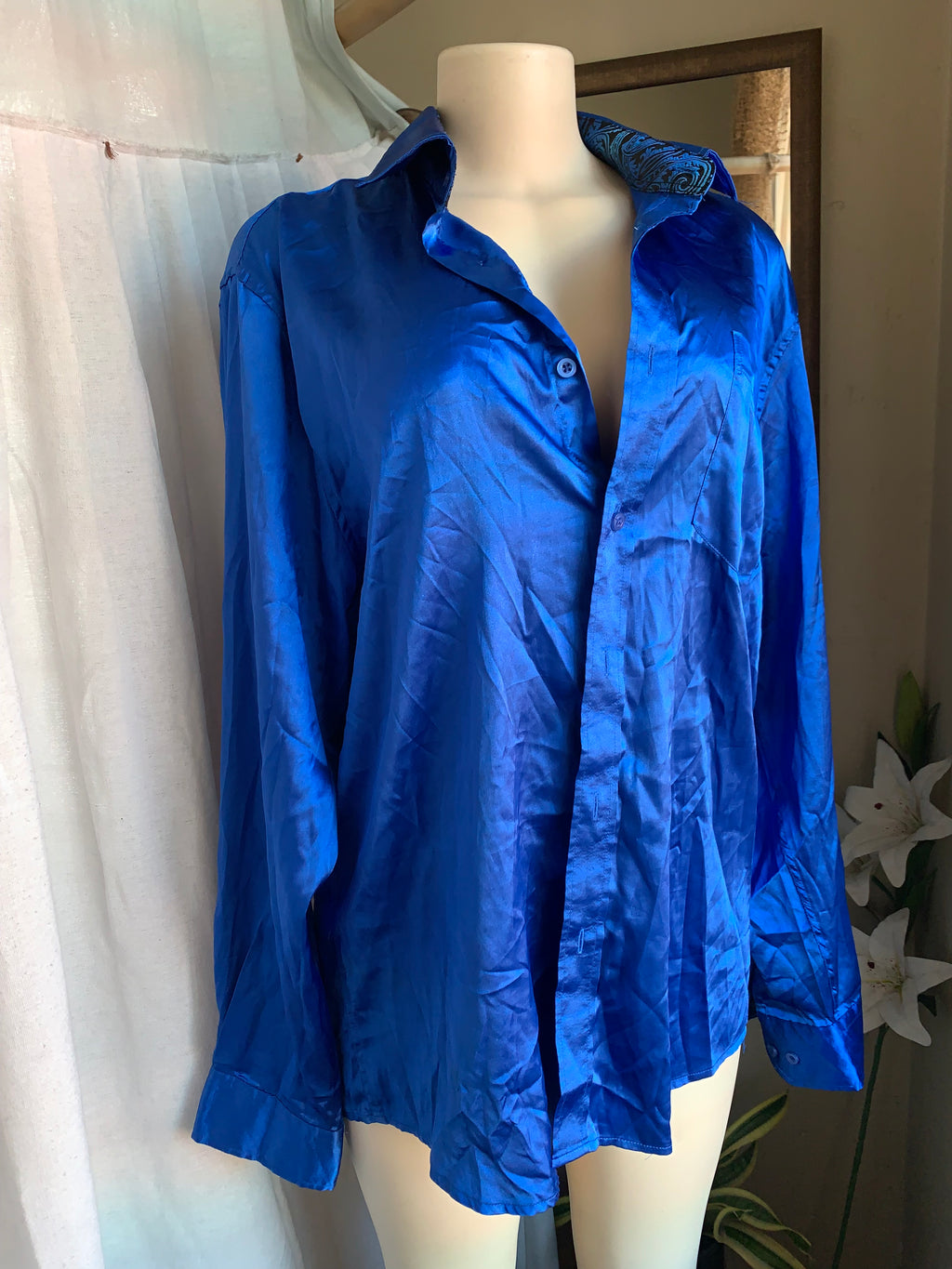 vintage Metallic royal blue silky Men’s occasion shirt … /XL