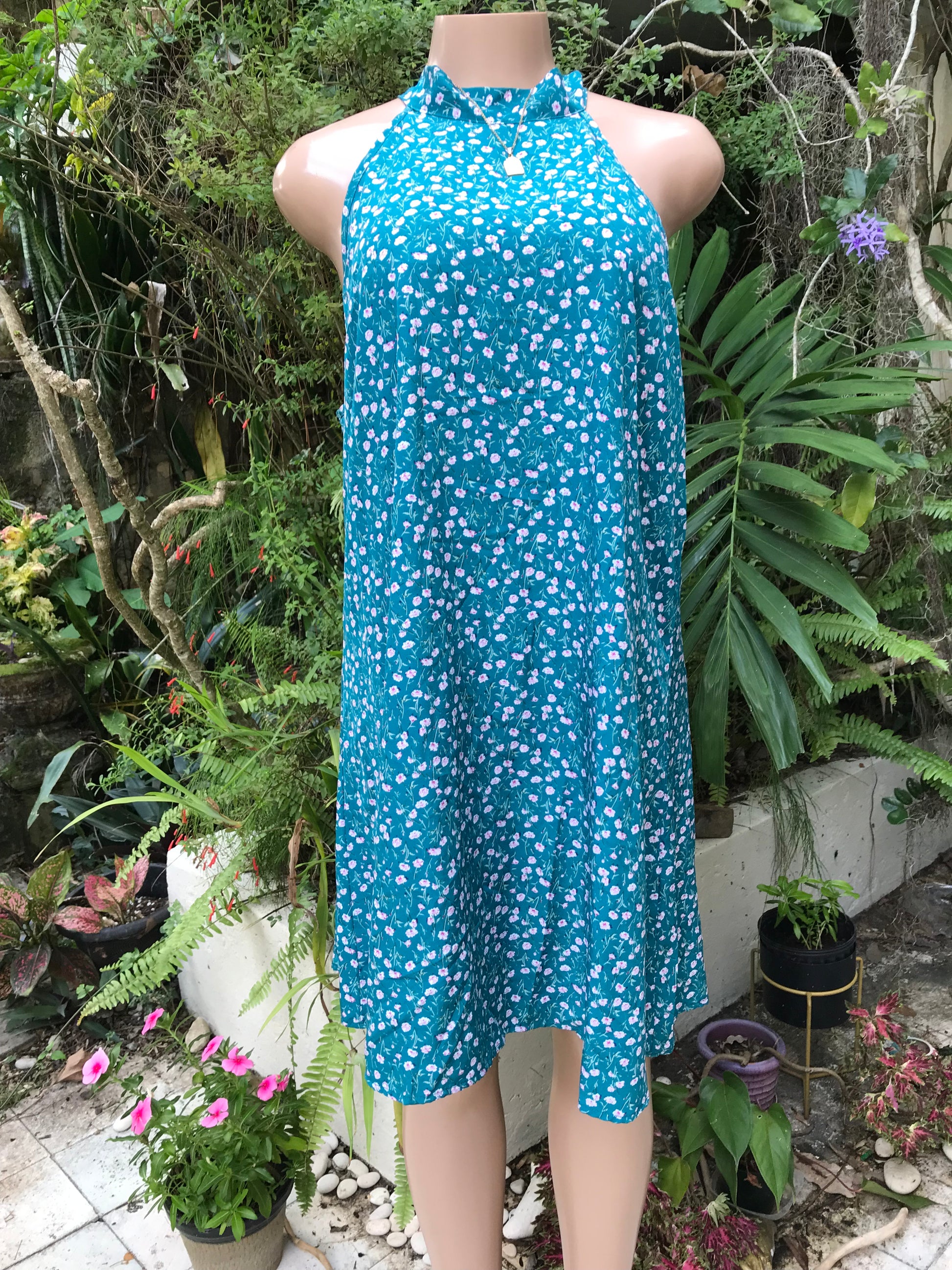 Teal Ditzy Floral Light Halter Dress . Plus/XL