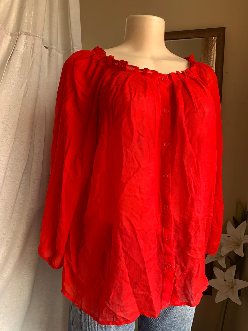 red sheer ruffle neck long sleeve top … US 12 /XL