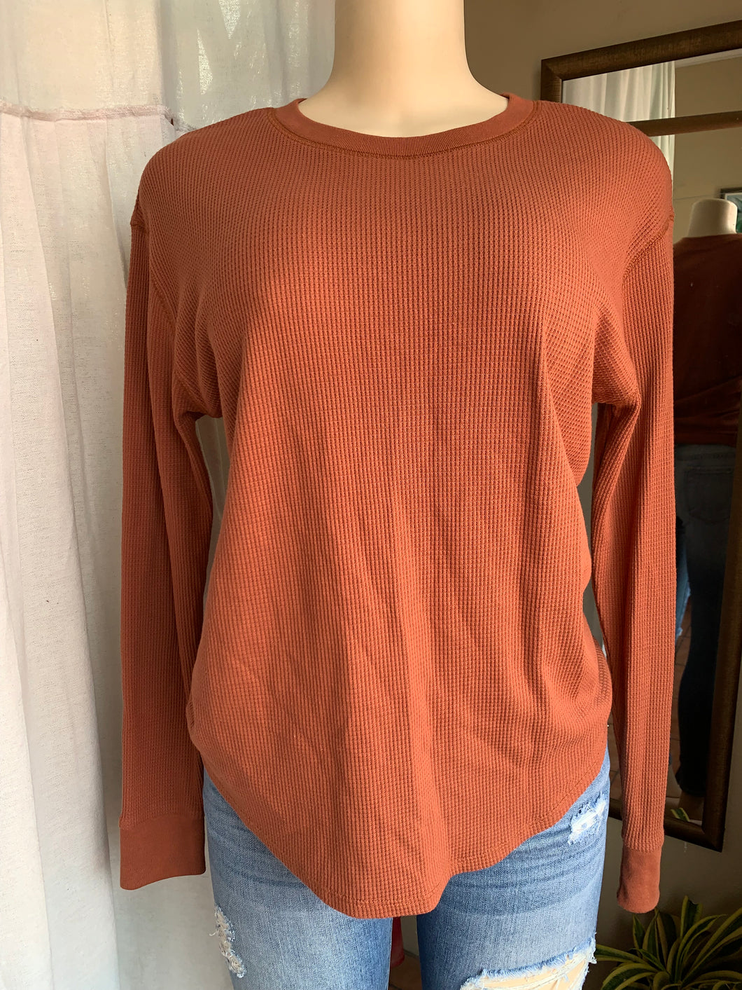 Deep orange/brown textured cotton long sleeve tee … s