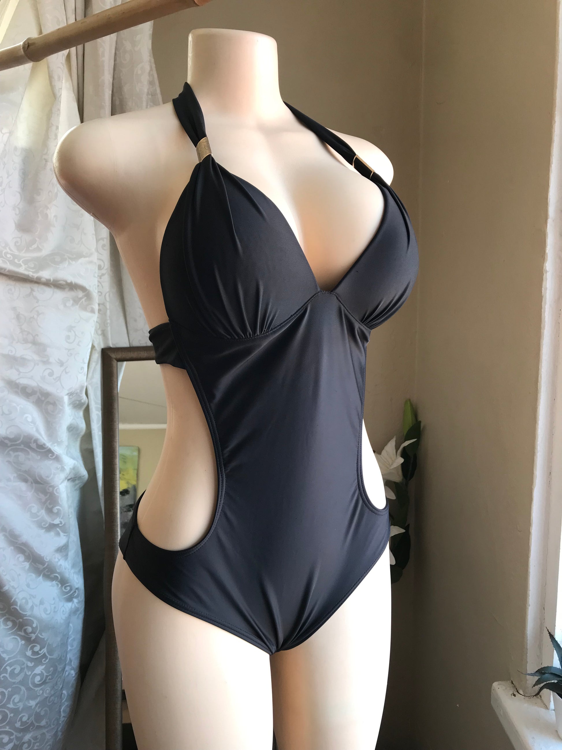 Black one piece cutout swim metal detail L