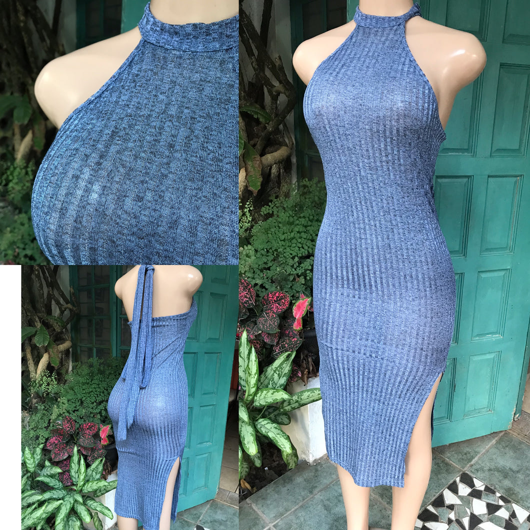 blue ribbed midi halter dress side slit m
