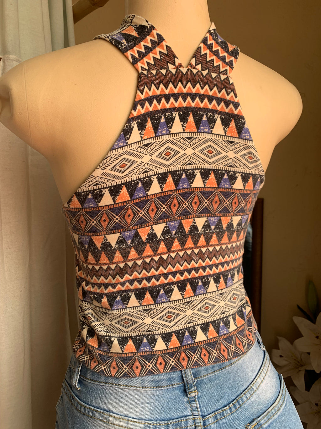 Tribal print high neck v cut crop top … s