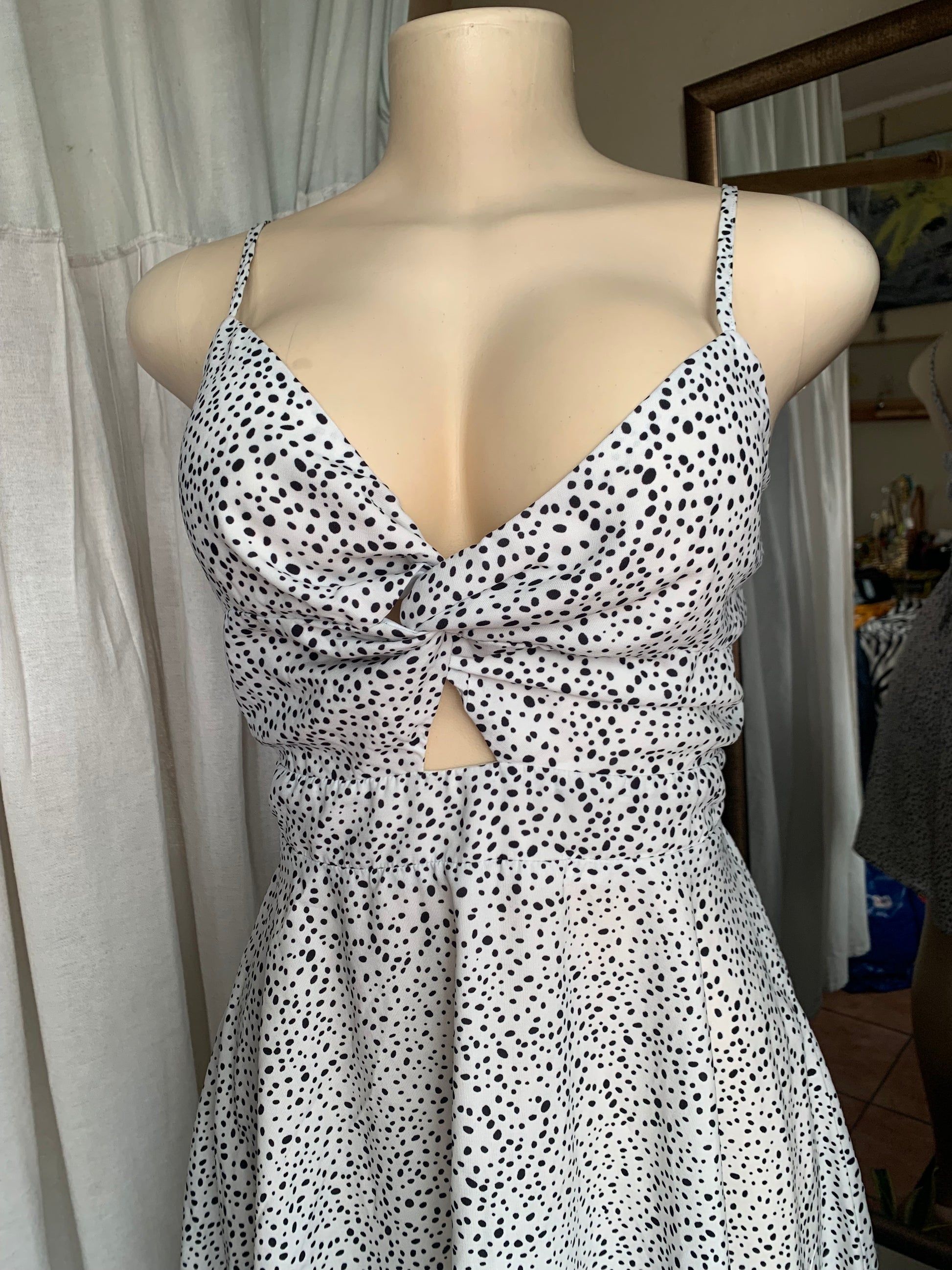 B&W Polka dot Babydoll Sun dress front knot  L