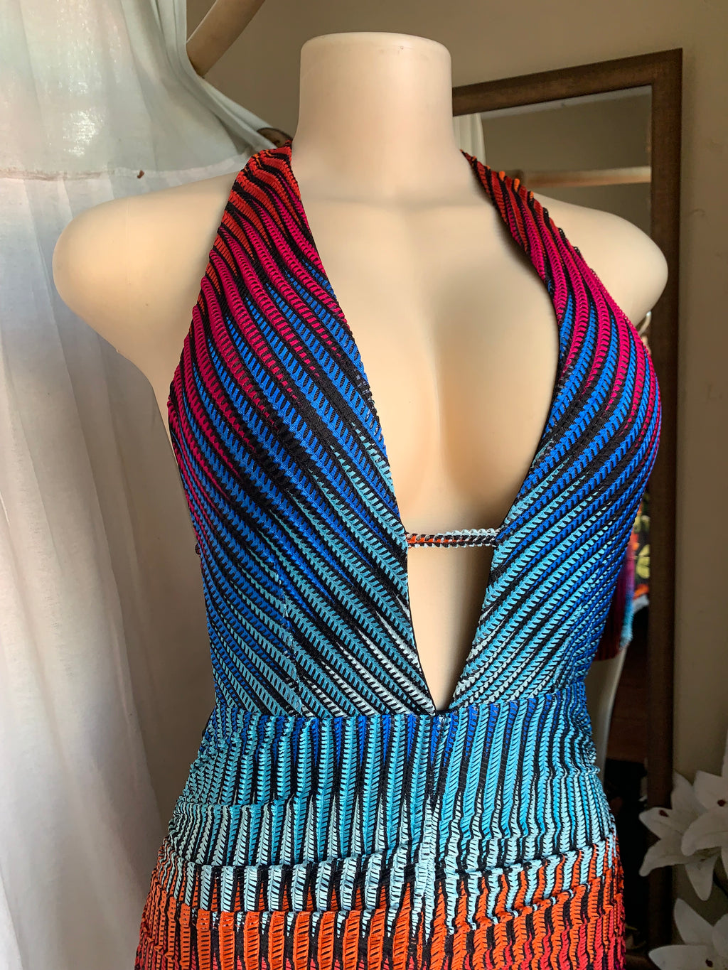 trippy rainbow stretchy mini halter dress backless . s/m