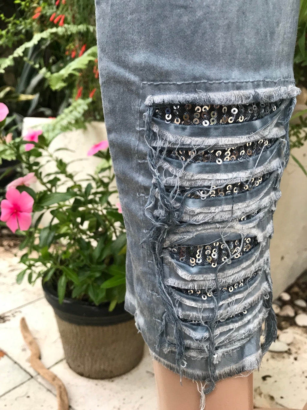 Light Blue Jogger Pants With Sequin Detail ::: M