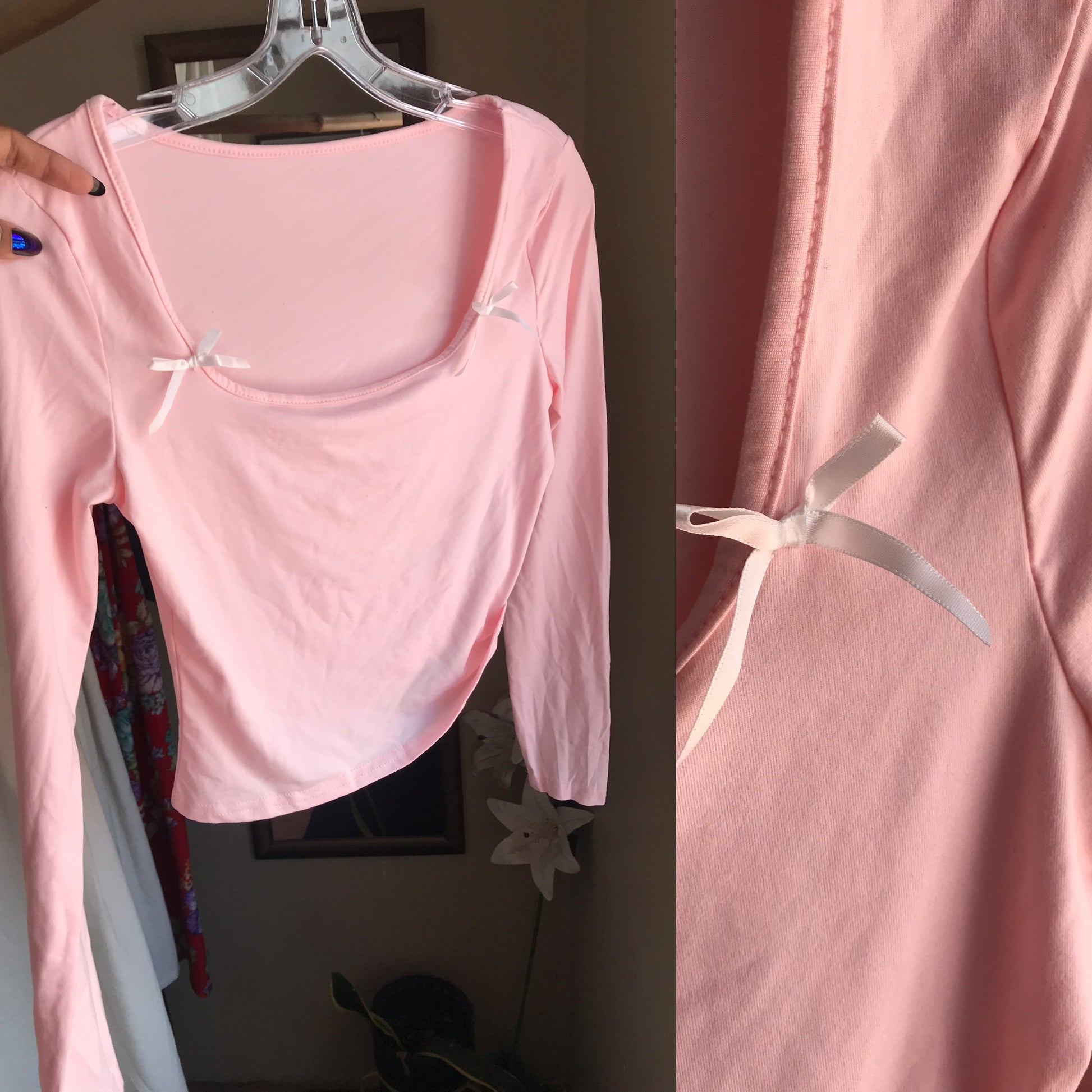 powder pink mid sleeve blouse with bow detail... m