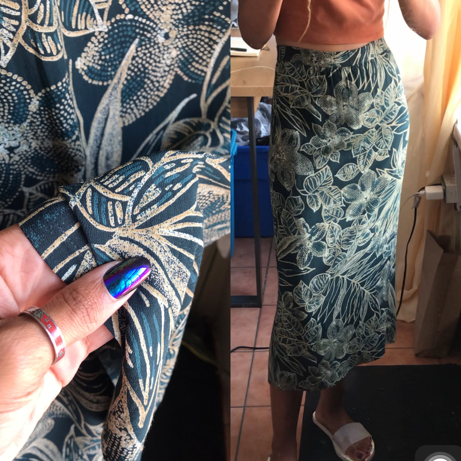 vintage leaf print green mini skirt . fit M to L