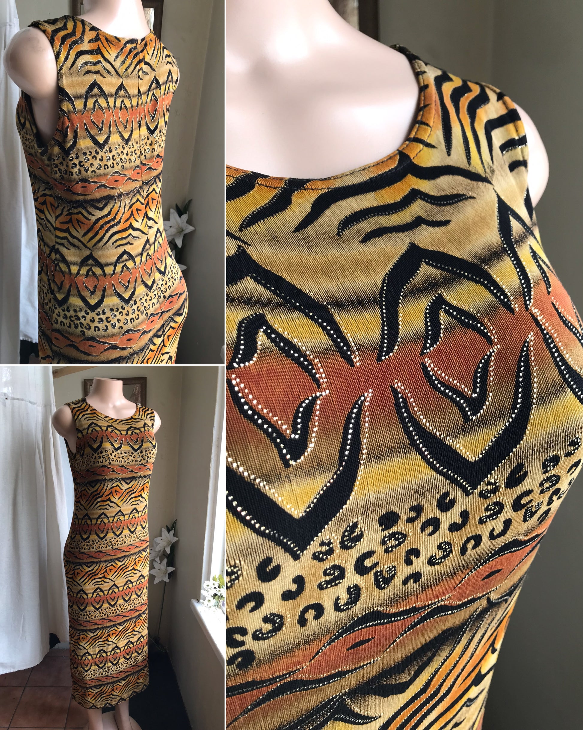 80s vintage afro print stretchy maxi dress ^^^ m to L