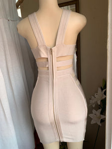 Beige deep V + cut out back bondage style midi dress says s