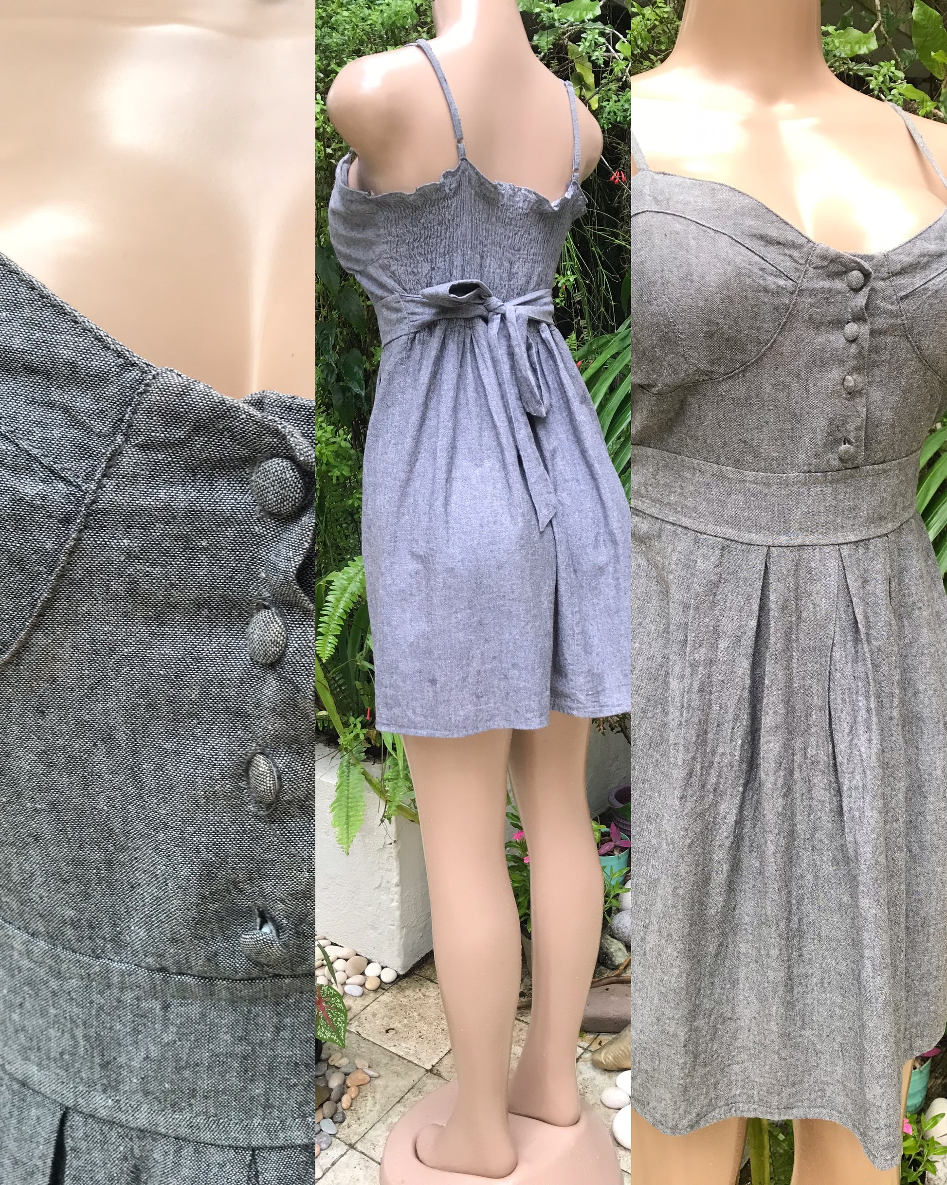 retro 100% cotton grey babydoll dress button det . M/L