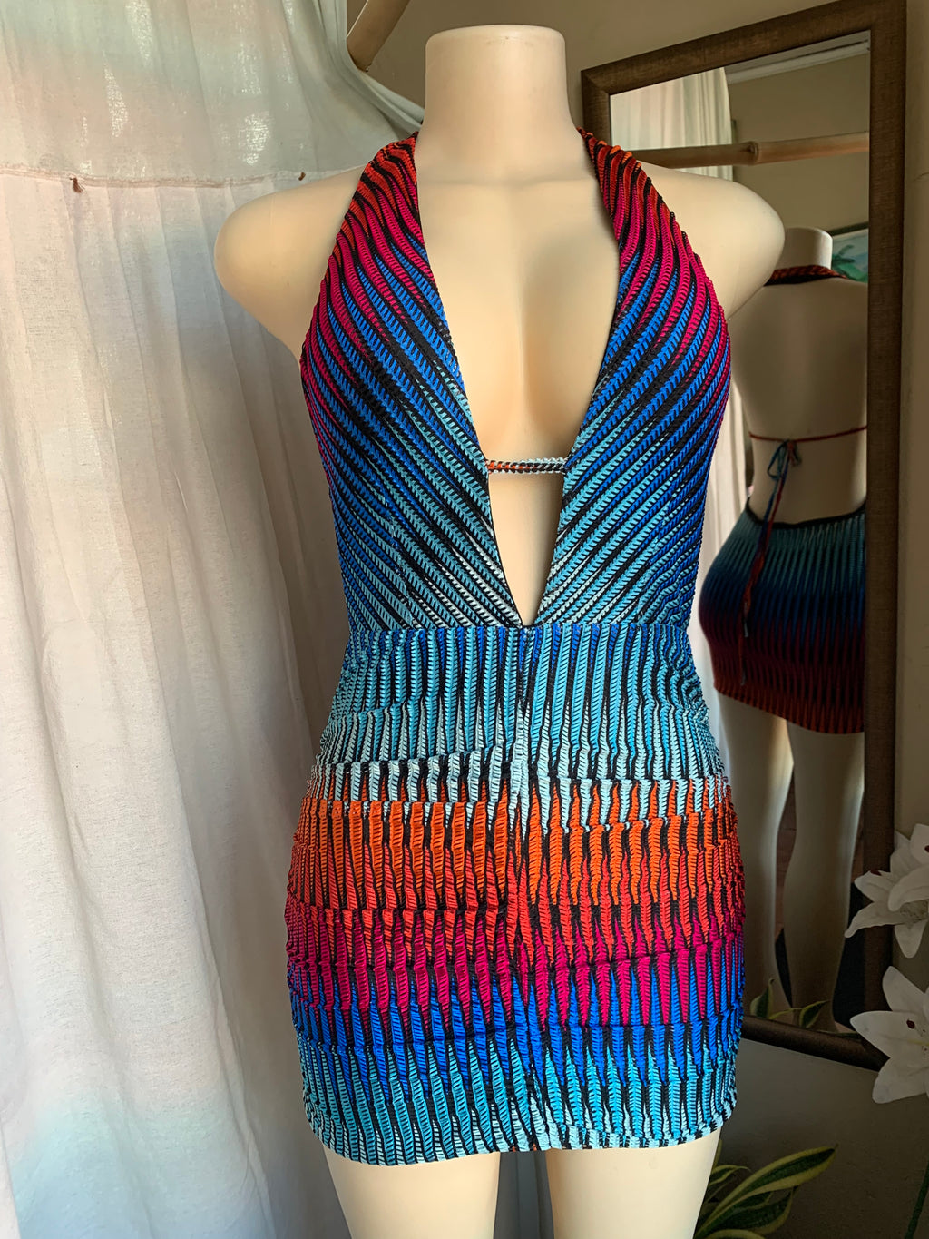 trippy rainbow stretchy mini halter dress backless . s/m