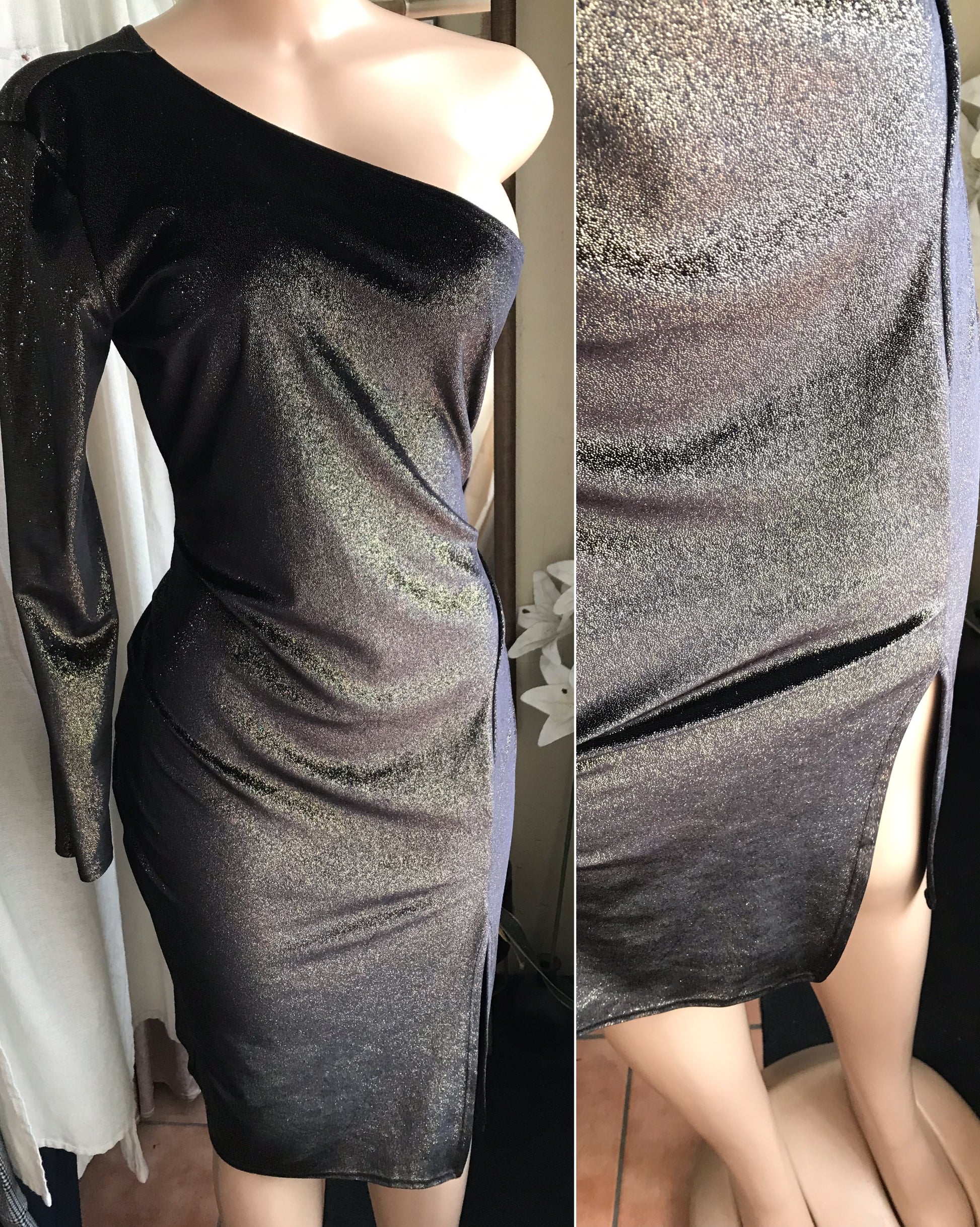 gold glitter one sleeve dress with slit  . plus xl