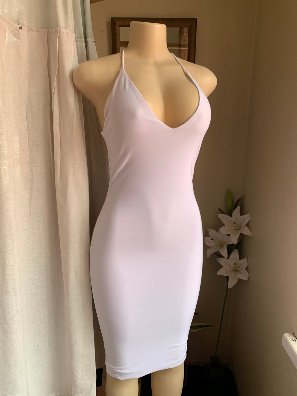 Strappy white deep V sexy bodycon dress M