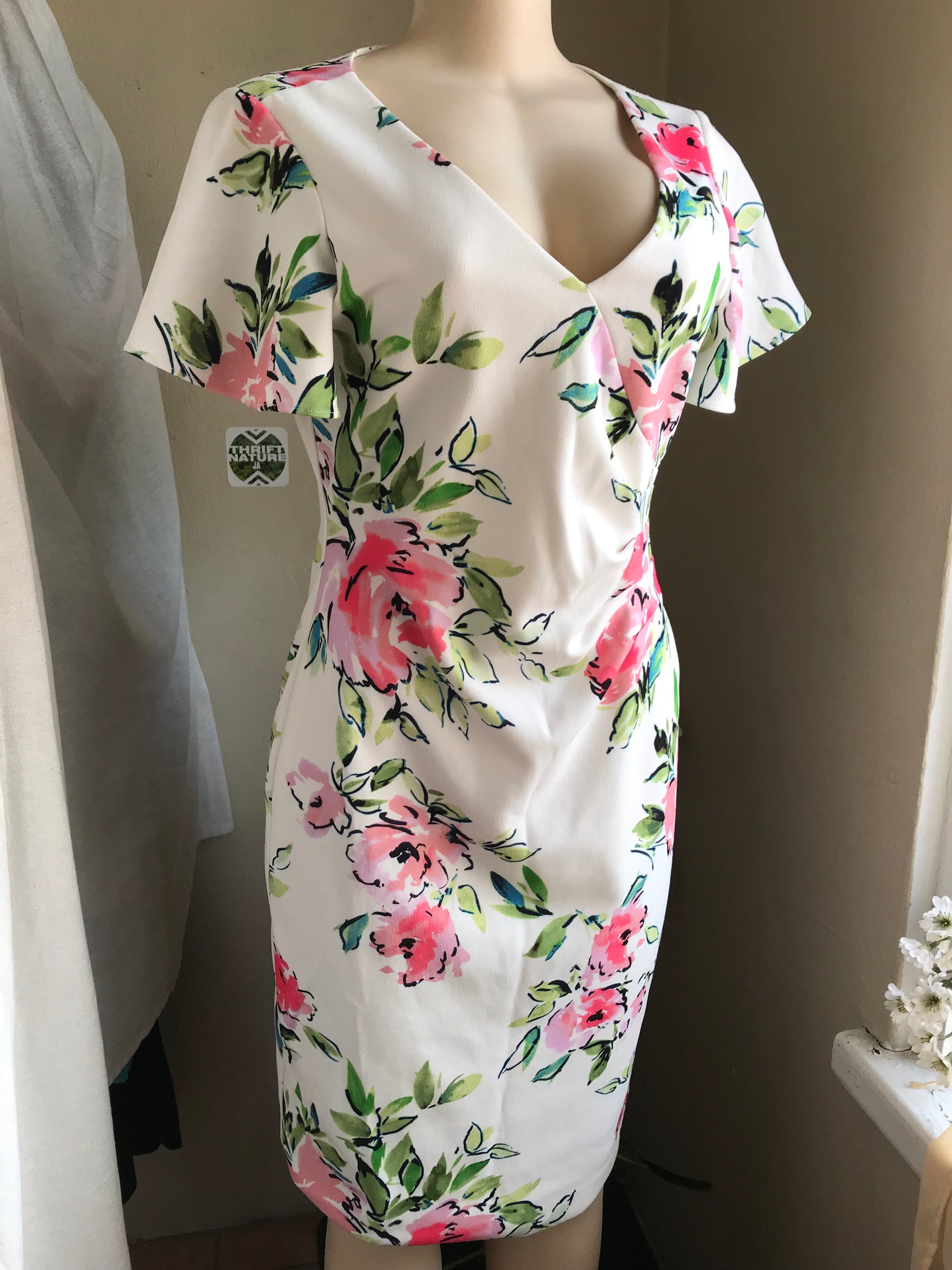 retro print stretchy professional dress white floral s/m