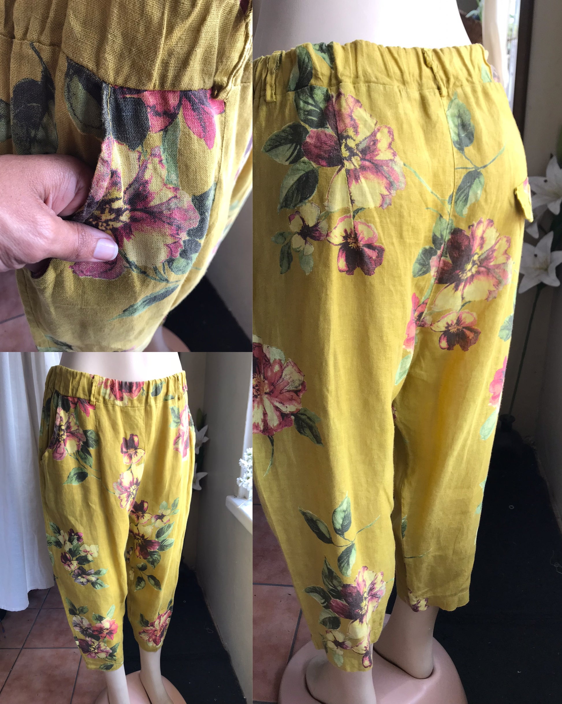 vintage mustard Linen floral pants xl