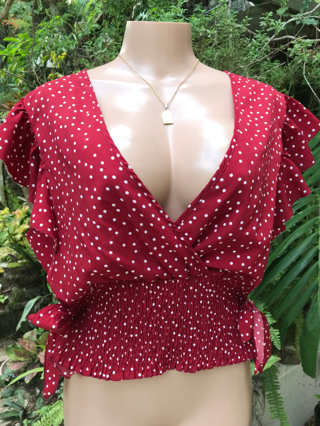 Red Polka Side Tied Shirred Top ... Plus / XL