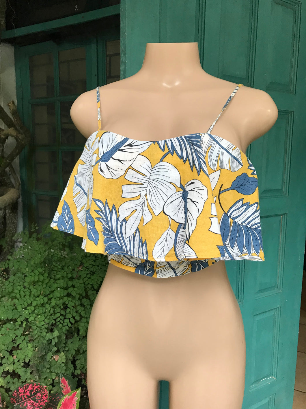 organic mustard spaghetti flounce crop top leaves ... s ,,,